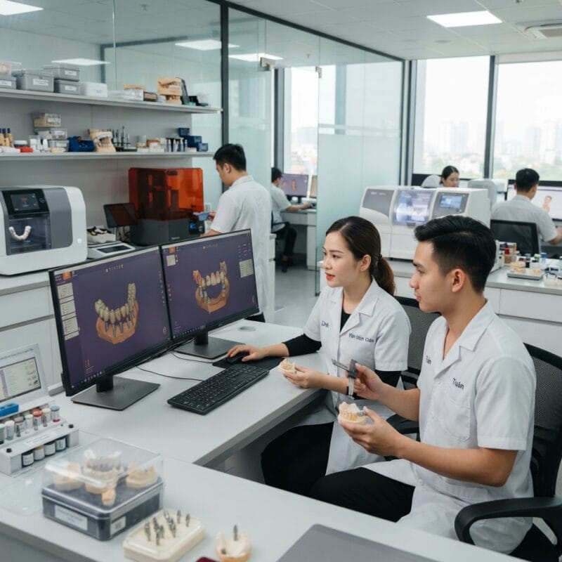 Dental technicians working on digital dental CAD designs in a modern lab - How a 3D dental lab handles complex implant cases 2026
