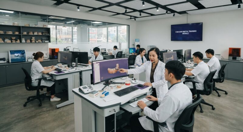 Dental lab technicians training together at CAD workstations - Accredited CAD CAM Training for Dentists and What It Covers in 2026