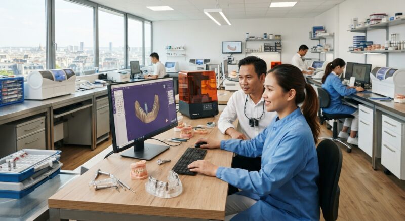 Implant and surgical guide design on screen with a printed guide on the desk - Mastership and Diploma Programs in Implant Dentistry Across Europe 2026