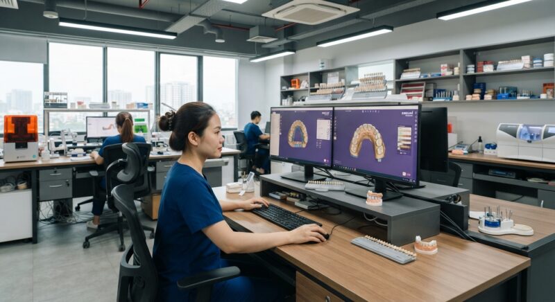 Dental technician designing a restoration in CAD software at a computer workstation - VITA classical vs 3D-Master shade systems for CAD CAM 2026: Which is Best?