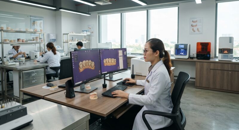 Dental technician designing a restoration in CAD software at a computer workstation - How Digital Dentistry CE Credits Are Recognized by Dental Boards in 2026