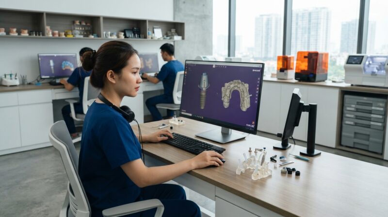 Implant and surgical guide design on screen with a printed guide on the desk - Implant Dentistry Credentials and Fellowships for Dentists in 2026