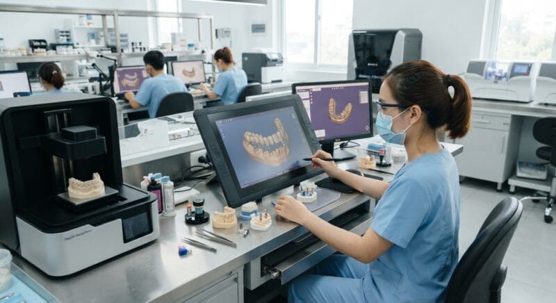 Dental technicians working on digital dental CAD designs in a modern lab - How a 3D dental lab handles complex implant cases 2026