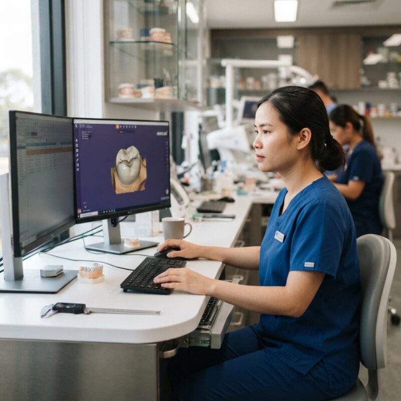 Dental technician designing a restoration in CAD software at a computer workstation - Continuing Education Requirements for Dentists in Australia 2026