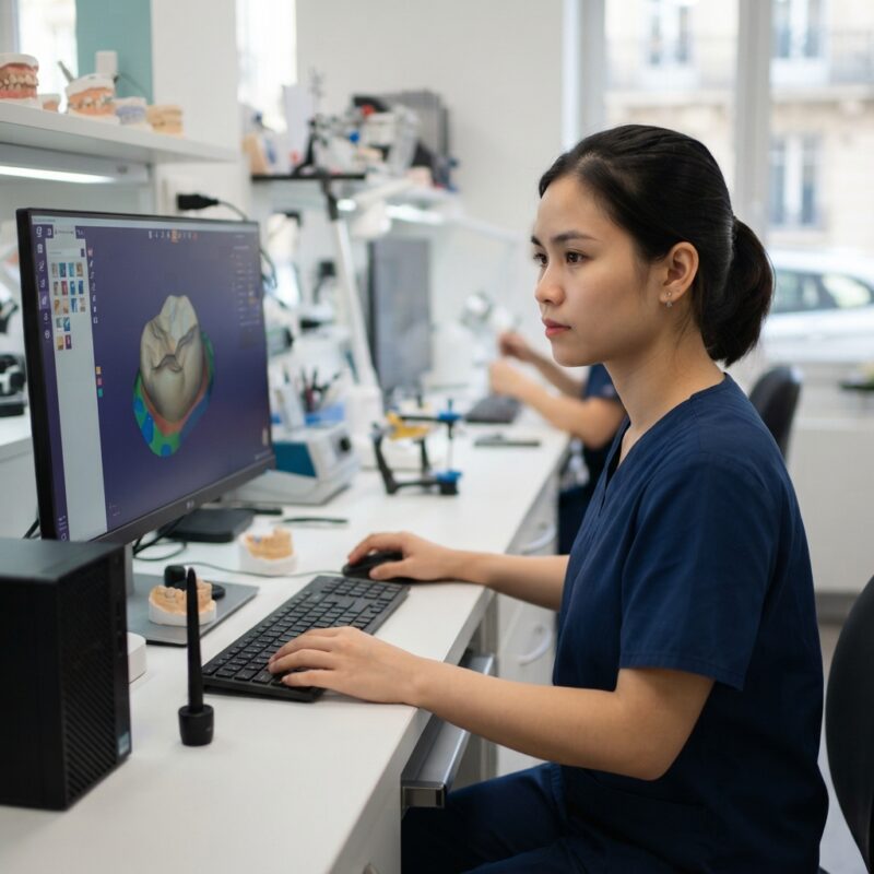 Dental technician designing a restoration in CAD software at a computer workstation - Continuing Education Requirements for Dentists in France 2026