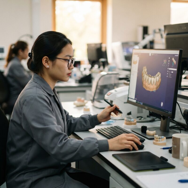 Dental technician designing a restoration in CAD software at a computer workstation - Continuing Education Requirements for Dentists in the United Kingdom 2026