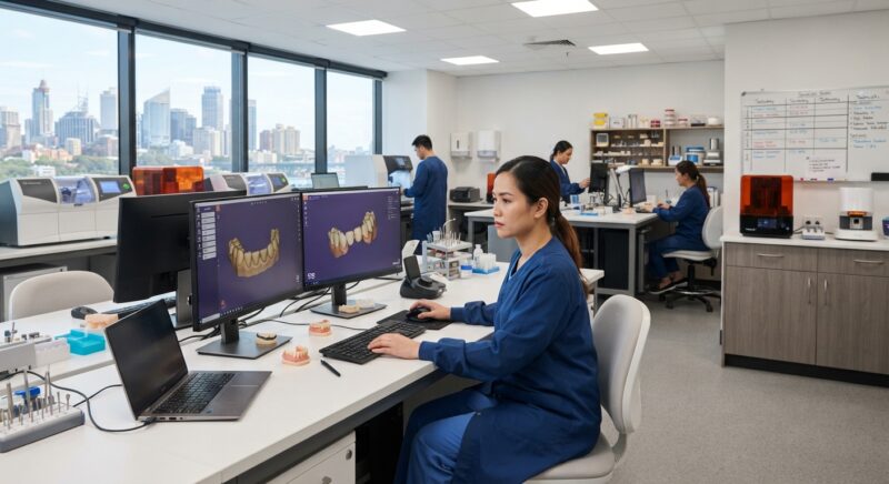Dental technician designing a restoration in CAD software at a computer workstation - Continuing Education Requirements for Dentists in Australia 2026