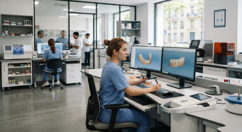 Dental technician designing a restoration in CAD software at a computer workstation - Continuing Education Requirements for Dentists in France 2026