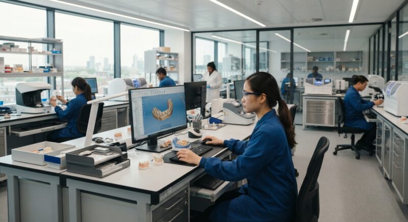 Dental technician designing a restoration in CAD software at a computer workstation - Continuing Education Requirements for Dentists in the United Kingdom 2026